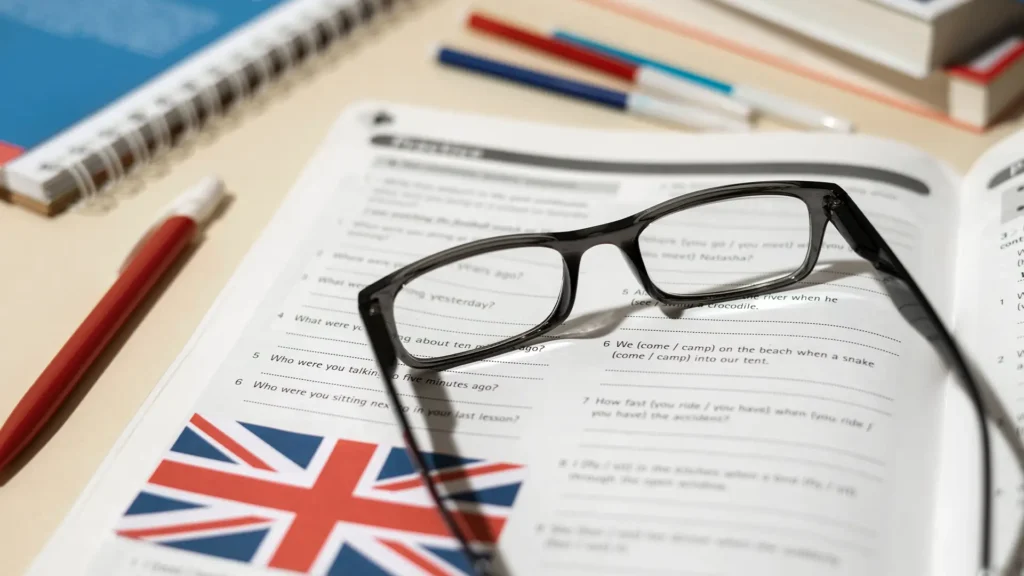 IELTS hazırlık kitabı, gözlük ve İngiliz bayrağı