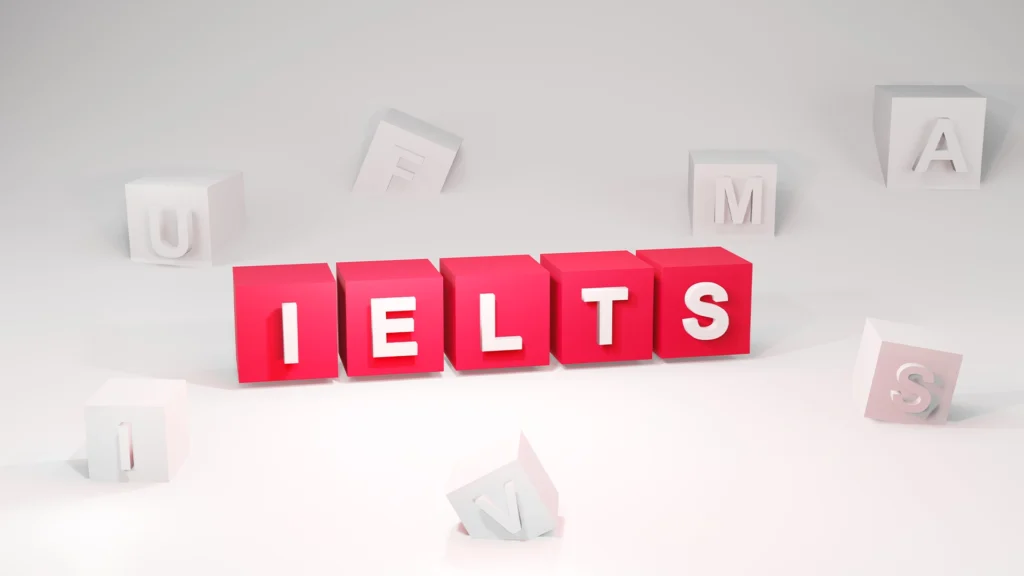 IELTS yazısını oluşturan kırmızı harf küpleri
