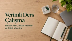 Verimli ders çalışma için düzenlenmiş çalışma masası, defter ve kronometre