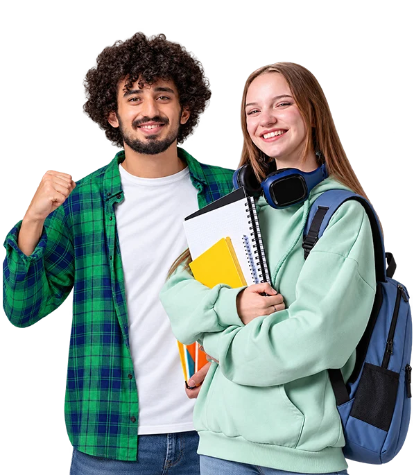 Lokedus yurt dışı eğitim danışmanlığı alan, defter ve sırt çantalarıyla gülümseyen iki öğrenci